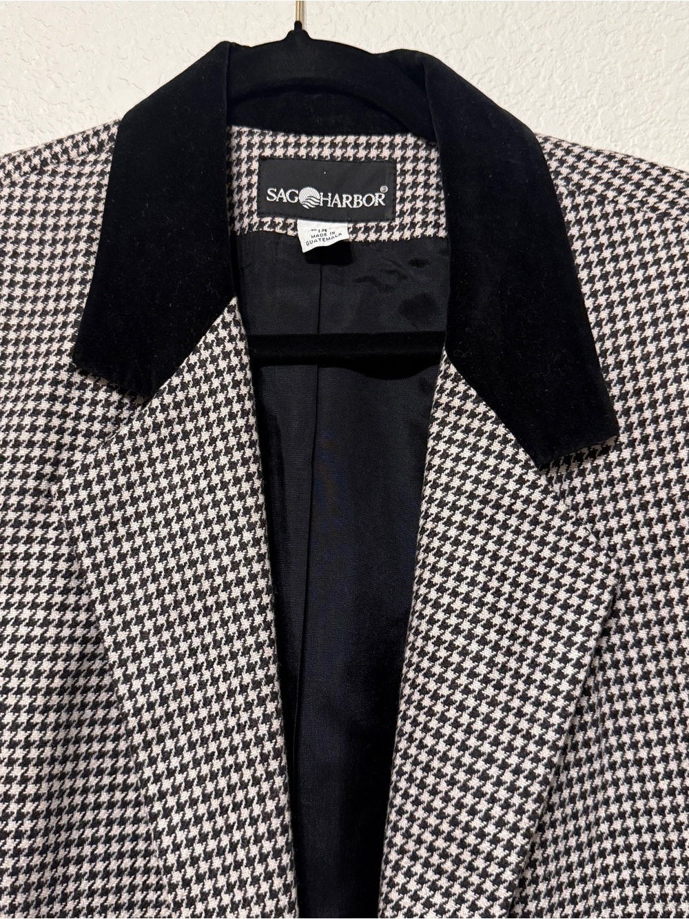 Sag Harbor Preppy Houndstooth Wool Blend Blazer Velvet Collar Size 14